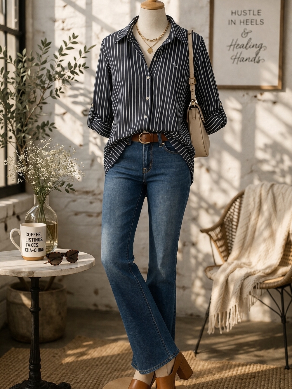 Lauren Ralph Lauren Black and White Striped Button-Down Shirt